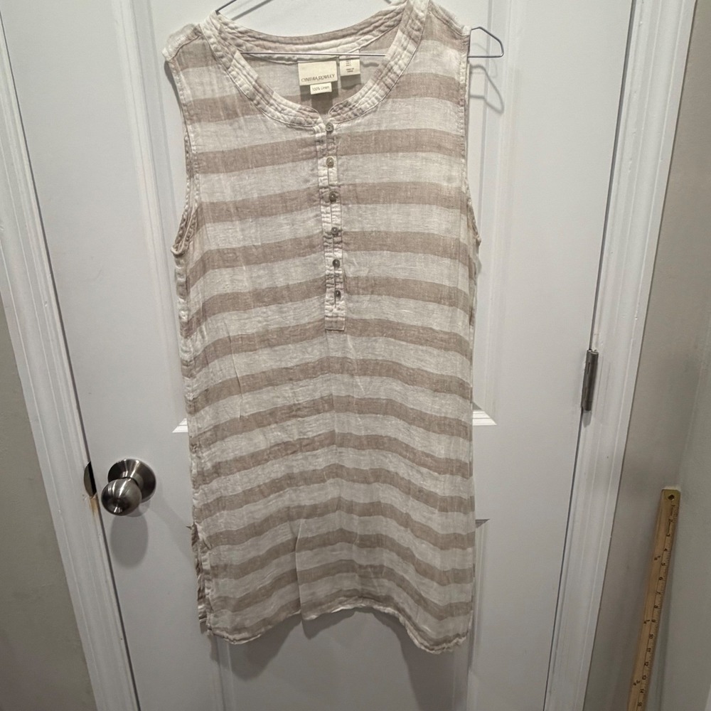 Cynthia Rowley Womens Linen Striped Sleeveless Henley Shift Dress Size Large